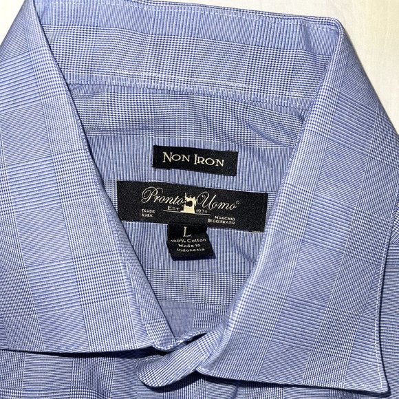 Pronto Uomo Men's Blue Plaid Slim Fit Non Iron Dress Shirt Size Large - Picture 2 of 5